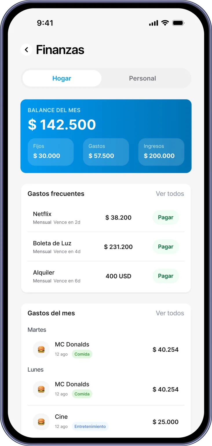 Pantalla de Finanzas de Homely con el balance del mes